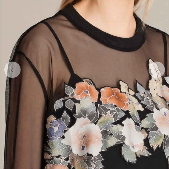 All Saints / Keela Sweat Dress  floral appliqué mesh long sleeve black small S - Picture 2 of 6